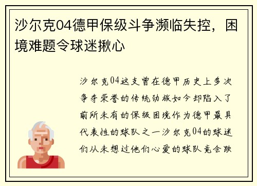 沙尔克04德甲保级斗争濒临失控，困境难题令球迷揪心