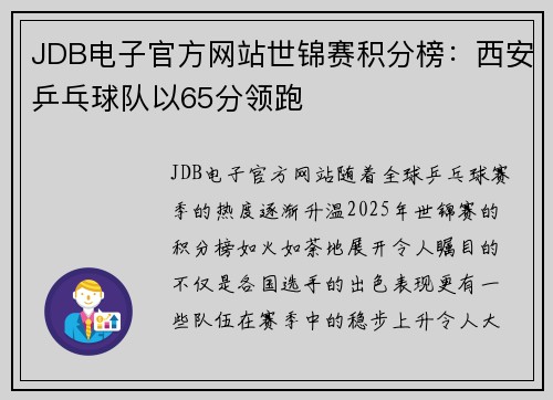 JDB电子官方网站世锦赛积分榜：西安乒乓球队以65分领跑