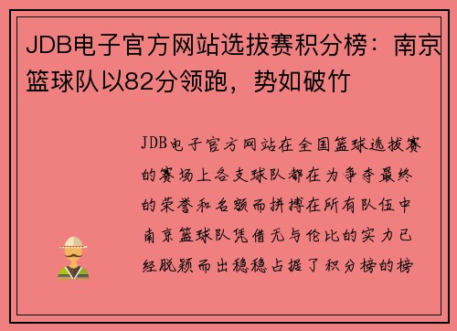 JDB电子官方网站选拔赛积分榜：南京篮球队以82分领跑，势如破竹