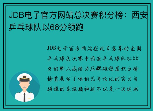 JDB电子官方网站总决赛积分榜：西安乒乓球队以66分领跑